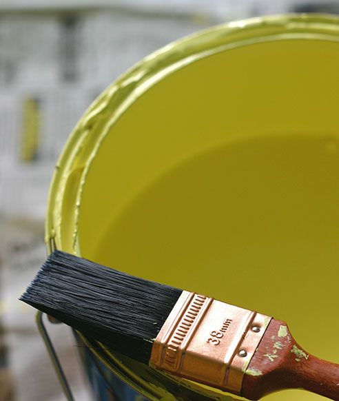 Photo of paint brush and bright green paint tin